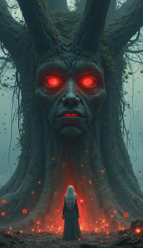 The face of a specter is buried in a huge tree、my eyes are glowing red、There are flowers blooming in my mouth、In front of the face of a huge tree１A woman with long human gray hair is standing、The ground is burning、4K images、 real 