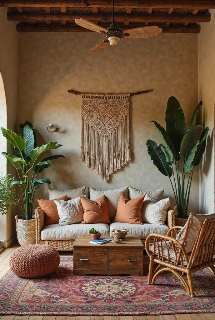 Earthy Boho Retreat: A cozy living room with rattan furniture, a macramé wall hanging, earth-toned cushions, a low wooden coffee table, layered Persian rugs, and large leafy plants, illuminated by warm ambient lighting.