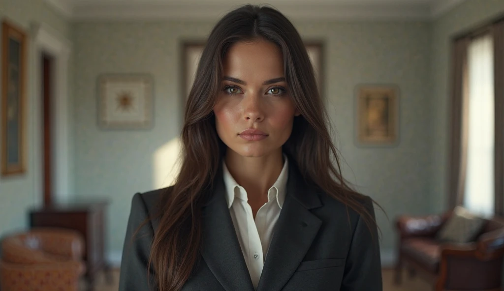 Image is a digital graphic..The Russion woman has long dark hair, fair skin, and is wearing a formal suit, standing in a well-lit room with a serious expression. 