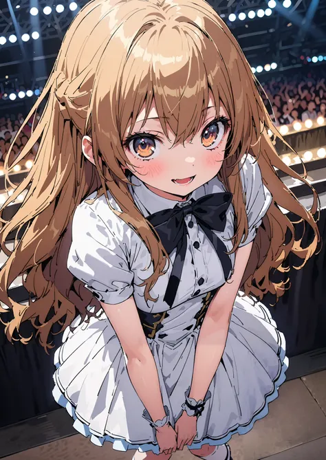 Taigaisaka, Aisaka Taiga,  long hair, Alone,brown hair, brown eyes,blush,smile,opens her mouth, half up do,
 idol costume, dress,collared  dress, jacket,cropped  jacket,Short sleeve,bowtie,bow,button, above Decorati has ,,( white knee-high :1.2),shoes,stan...