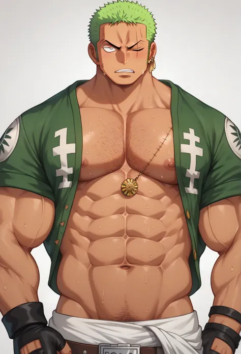 Roronoa Zoro, tanned skin, buzz cut, gridiron football, shoulder pads, muscular, muscles, big biceps, broad shoulders, massive pecs, sweaty, hairy chest, glowing golden spiral in the eyes, blank expression, vacant stare, hypnotized, brainwashed, focused, H...