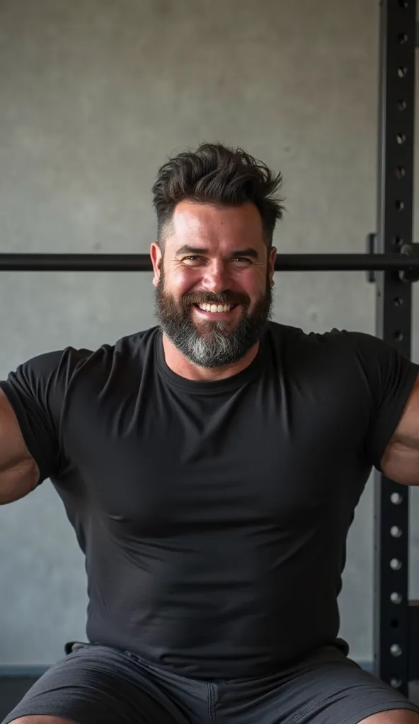 25-year-old man ,muscular body,face towards camera,black hair,chubby face,small white beard,smiling happy face doing a flat bench press, wearing an oversized black T-shirt.

