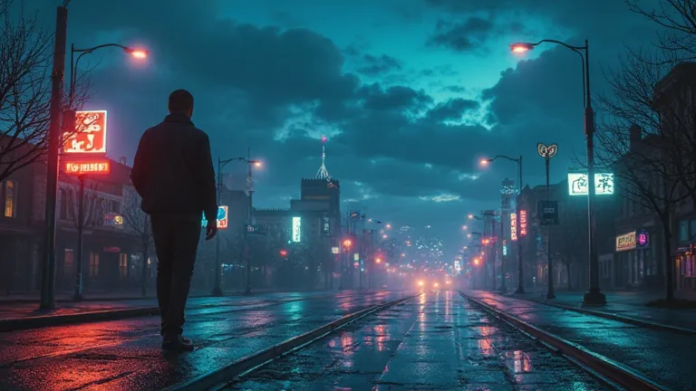 "A realistic nighttime cityscape with a melancholic yet dreamy atmosphere. A lone figure walks through empty neon-lit streets, their reflection shimmering on the wet pavement. The sky is deep blue with scattered clouds, and distant city lights glow softly....