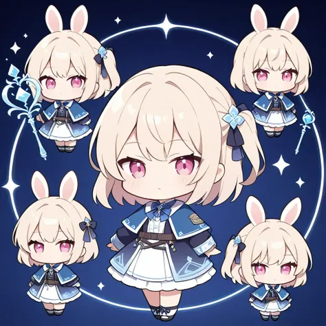 Chibi-Chara: 1.2, Pale beige-colored short bob, one-side up partially braided hairstyle with one side up, one beautiful age girl, detailed face, detailed eyes, pink eyes, chibi-character, very grumpy expression, stuffed costume with white rabbit image: 1.2...