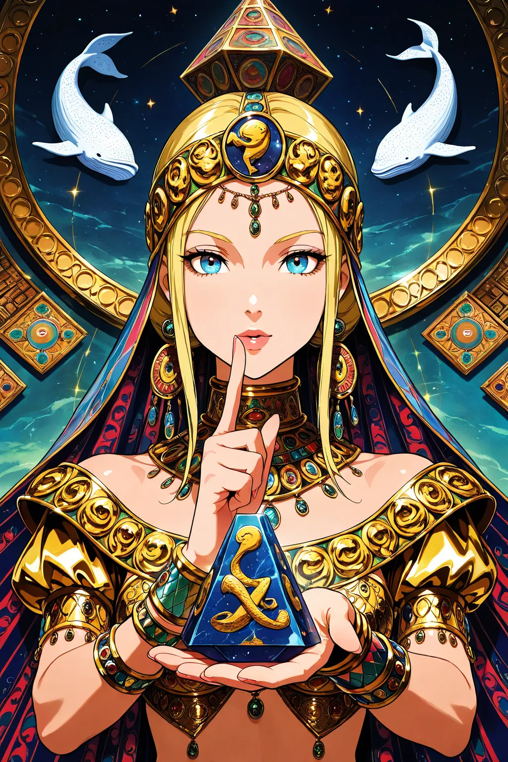 face focus,  mysterious woman, cool beauty, blonde hair, glamour body, Arabian exotic fashion, pyramid cosmic motif room, object on the cupping hand , index finger raised, whale motif art object, tan,