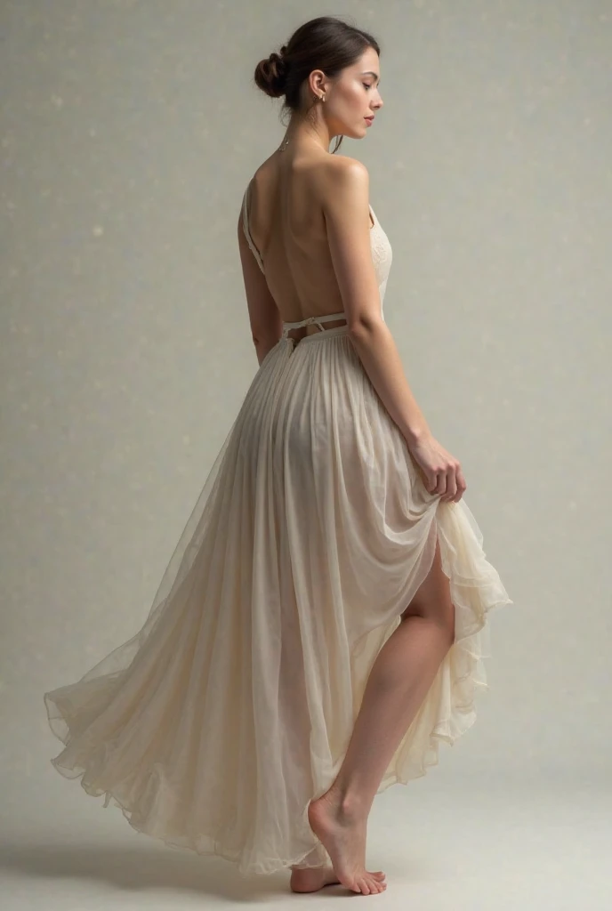 With a female model、The long skirt is slightly raised and the legs are directly exposed for clear visibility、 back view、The face is horizontal