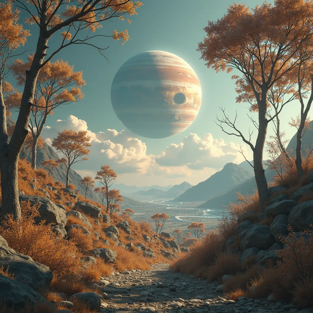 We are in a surreal world, Where do we see trees and animals that are different from those we see on Earth. It is possible to see a nearby planet with the naked eye in broad daylight. Everything is very beautiful and different! ((((photographic rendering))...