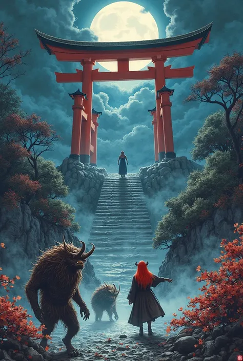  create a night image, with various Japanese creatures such as onis, Yokais, A witch with red hair and spirits with a stone ladder and Tori in the back