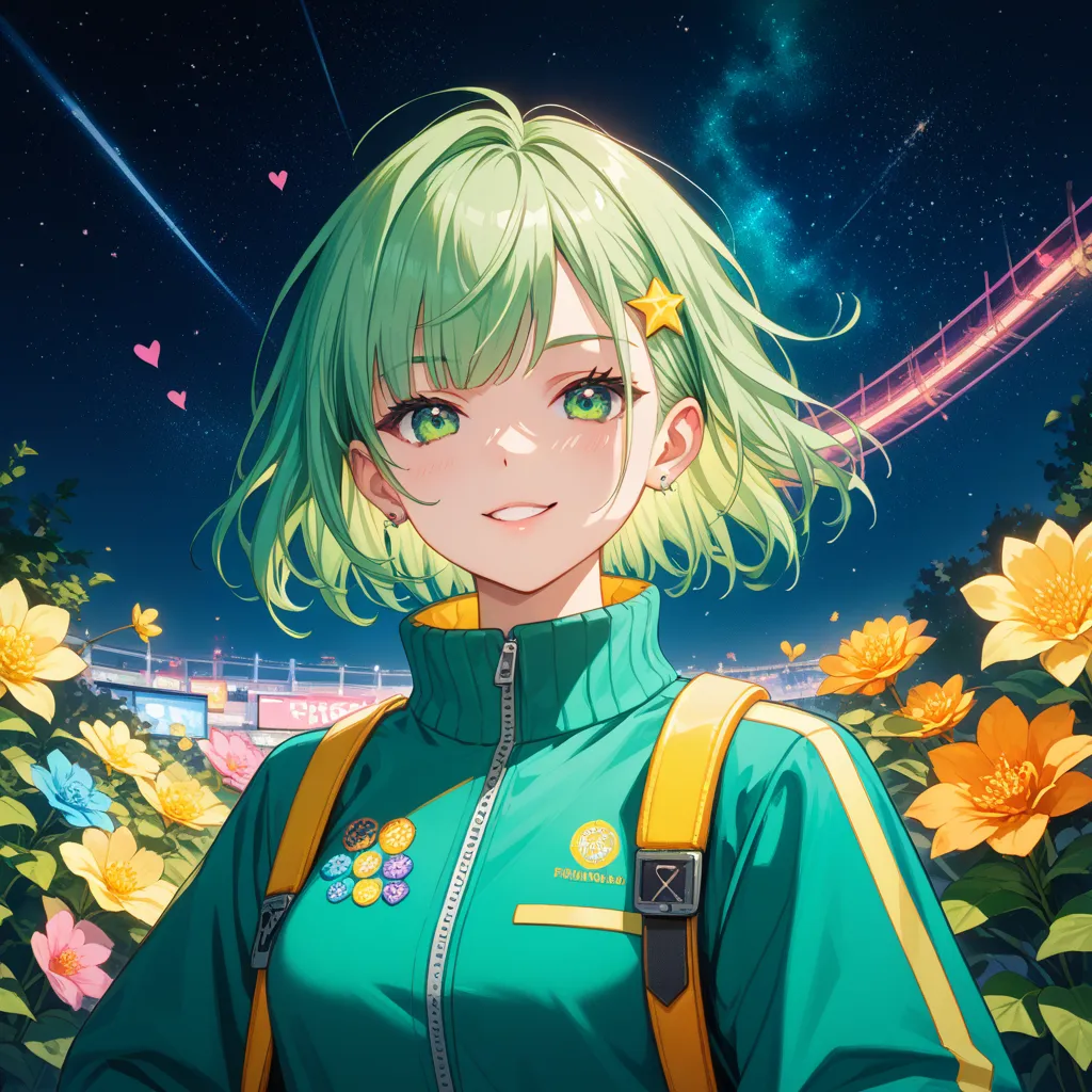 A highly stylized anime-style illustration of a young girl with vibrant limegreen and green hair, accentuated by bright yellow streaks. Her hair is adorned with colorful accessories, including flowers, hearts, and pins. She has striking limegreen eyes with...