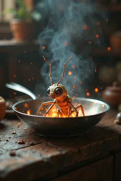 Show me a small alien creature being cooked alive in a pan