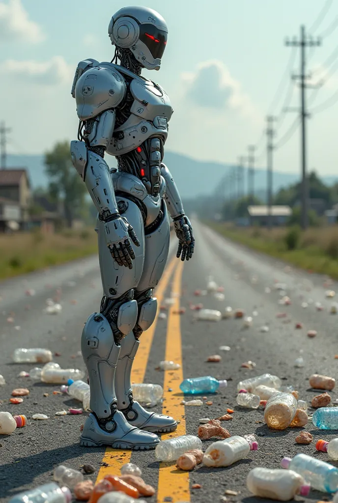 8k realistic ultra HDR A metallic, gray robot stands on a road littered with discarded plastic bottles and other trash. The robot is positioned slightly off-center to the left of the image, in a three-quarter view, facing to its right and pointing with one...