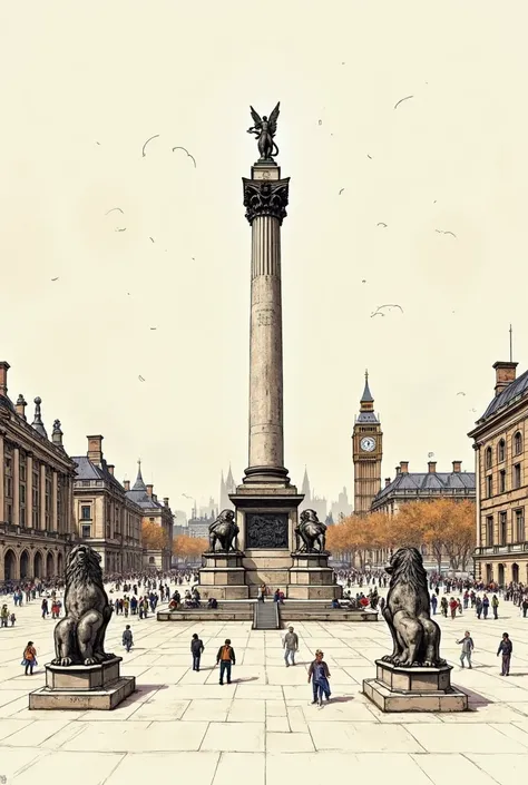 Create an image of London's Trafalgar Square as if it were a handmade drawing 