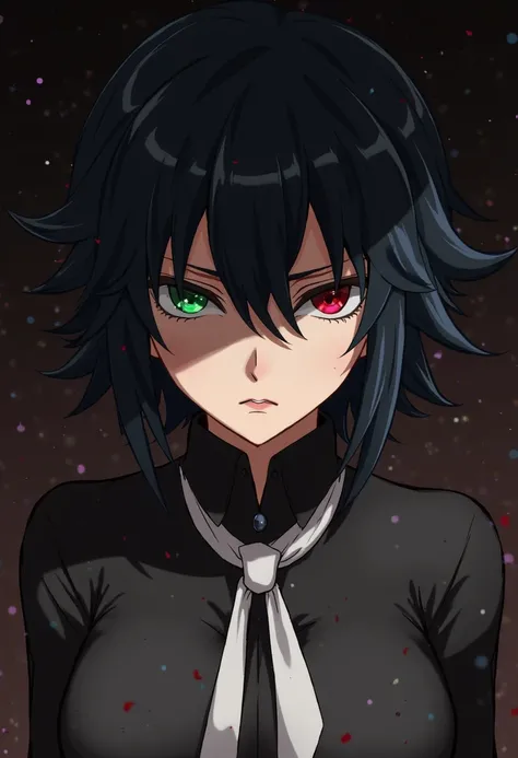 Close de (female anime character:1.3), (intense gaze:1.2), (eyes black:1.3) with a red and a green, black spiky hair, furrowed eyebrows, (serious expression:1.2), shadowed face, (black cover with white details:1.1), visible scar on left eyebrow, detailed d...