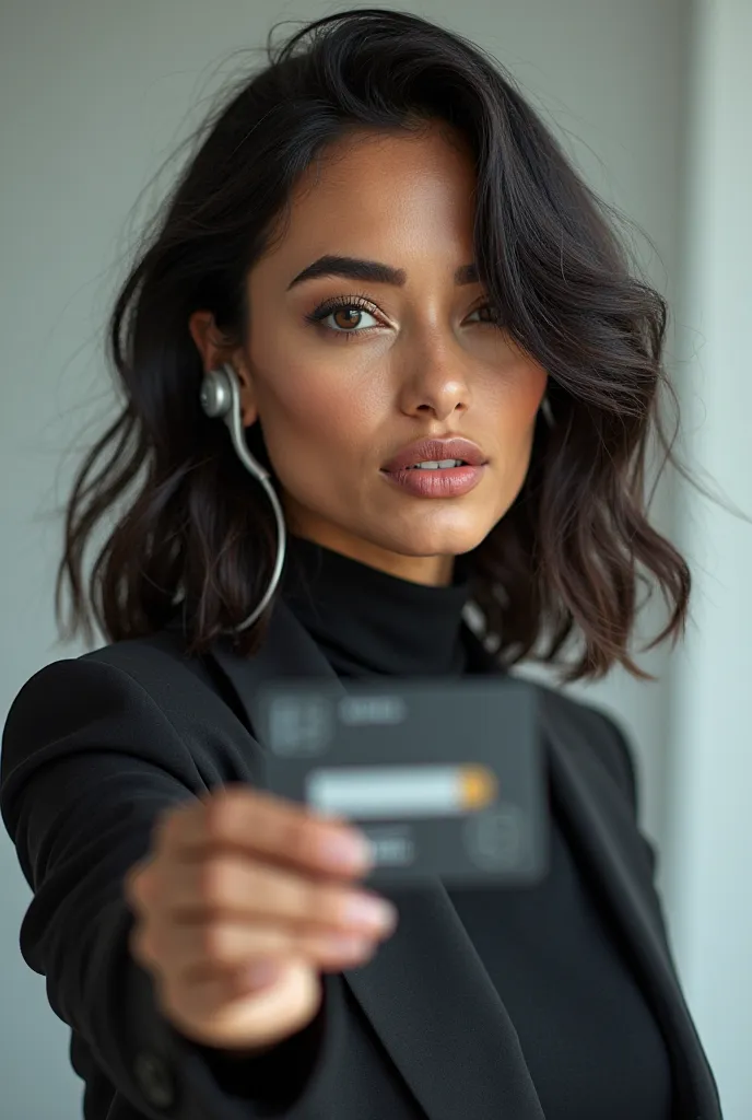 a Brazilian brunette model with a large earpiece and a credit card in her hand