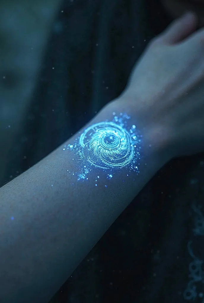 The Celestial Mark on Eira’s Wrist – A close-up of a glowing silver-blue celestial symbol on Eira’s wrist, shining like the stars against her skin.