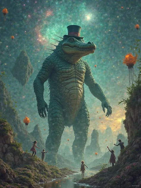 A surrealist fantasy scene featuring a towering, otherworldly creature with the head of a crocodile and a humanoid body. The creature wears a small, mystical top hat and stands in a dreamlike landscape. Tiny, ethereal beings float around it, reaching out i...