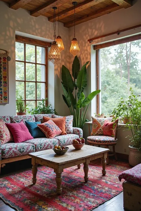 Vibrant Boho Chic: A colorful boho living room with an eclectic mix of patterned cushions, a vintage Moroccan rug, a distressed wooden coffee table, hanging rattan lights, and a lush green plant corner.