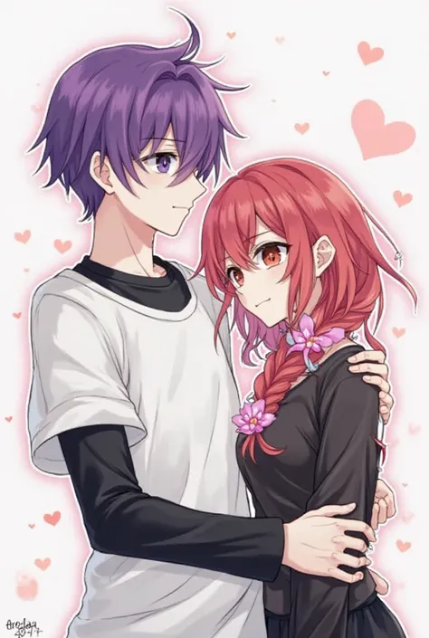 Two characters embraced, one male and one female, the male with purple eyeshadow hair, white with black sleeve clothing with eye color black and the female with loose red hair and black clothes with pink flowers.