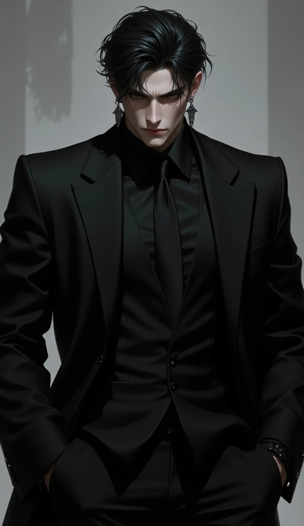  South Korean , 20 years old, height 1m7  , has a lot of muscle, is getting into a fighting mode, wearing a black suit, wear earrings 