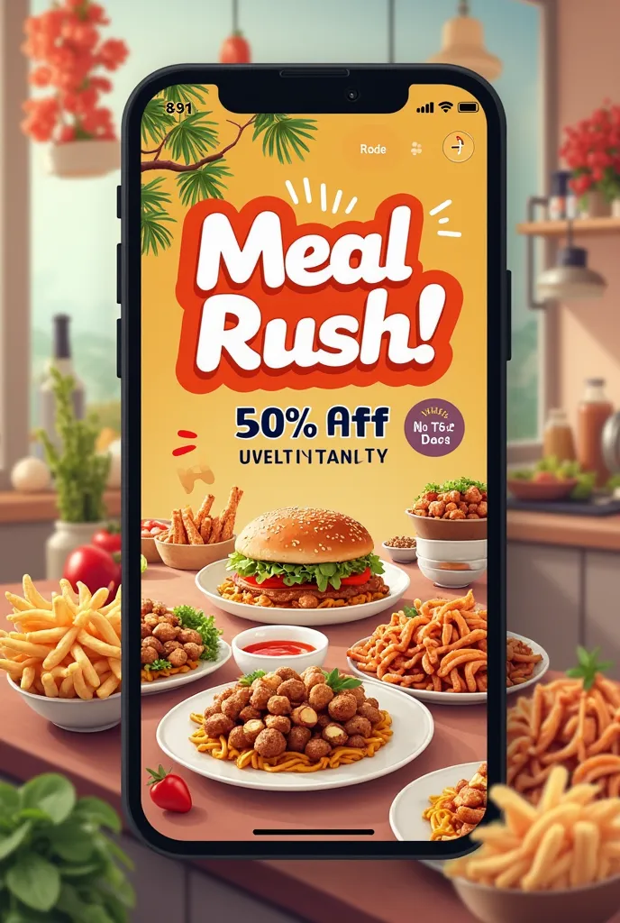 Generate ui card image and text for food app.
Background: Vibrant kitchen or dining setting with mouth-watering dishes on display. Title: “Meal Rush!” in bold, inviting font at the top. Text: “Craving your favorites? Order your beloved dishes now! 🌟 Up to ...