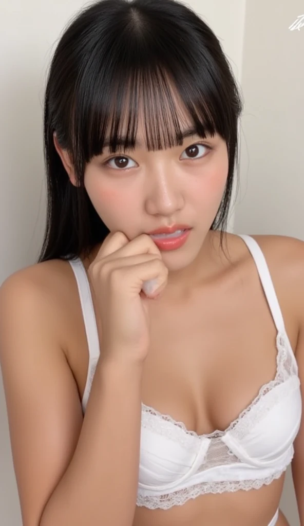 Young Japanese female idol wearing a white bra,  intricate details , very well detailed,  sharp concentration,  alone, 1 girl, face focus, face up, looking at the camera, pale skin, detailed faces, detailed eyes,   seductive eyes,   natural cosmetics ,
(If...