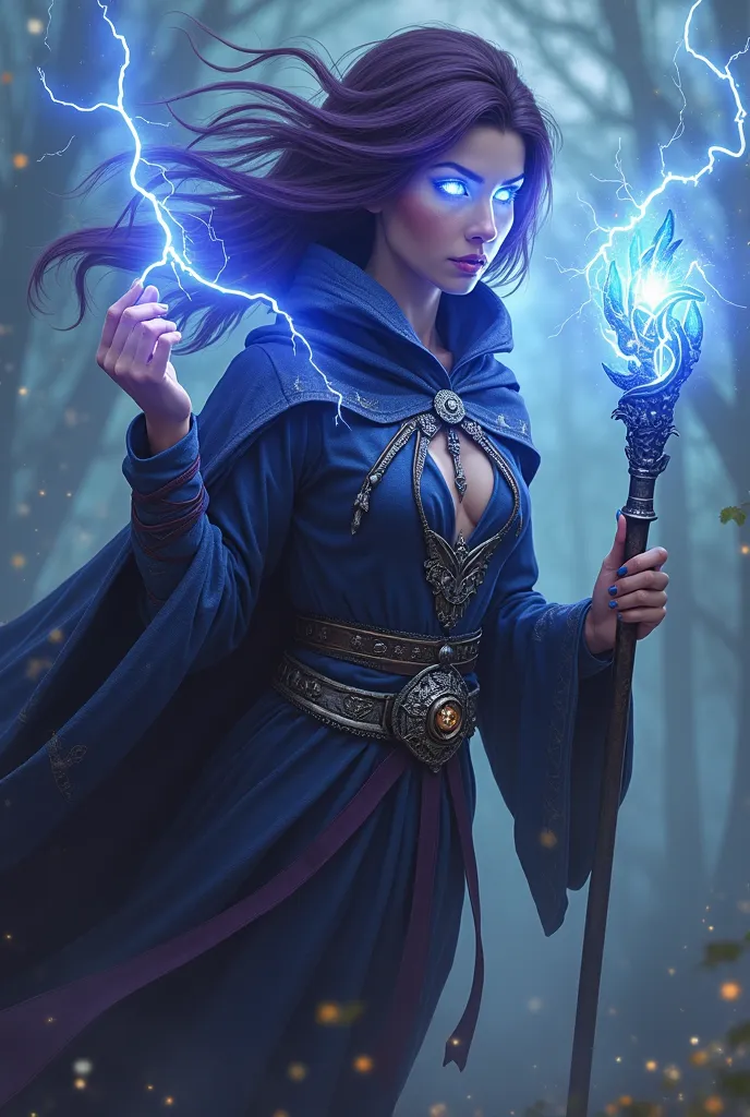 Full body picture of a powerful Stormcaller Mystic floting in air in an intense close-up, her intence froun face illuminated by a crackling arc of lightning dancing across a fingertip. Her glowing, stormy-blue eye radiates raw magical energy, and his expre...