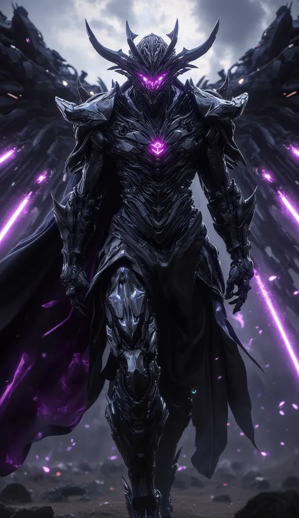 Sung Jin-Woo, The super realistic Shadow Monarch from Solo Leveling, in a dominant and intimidating pose. He wears his gleaming black armor with bright purple, and his dark cloak flutters in the wind. His eyes shine brightly in a violet tone, radiating a d...