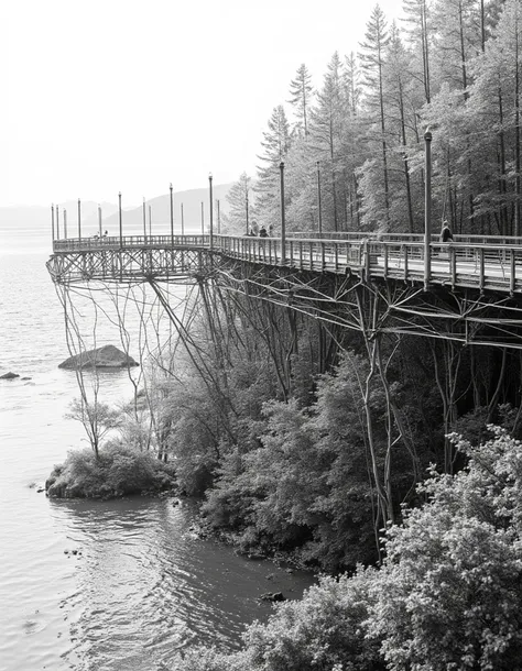 A 3D wireframe model, created using intricate white and black lines. The pattern forms a surreal three-dimensional scene of a cityscape forest with sea and a bridge, giving the illusion of depth. The contrast between the black and white lines creates a str...