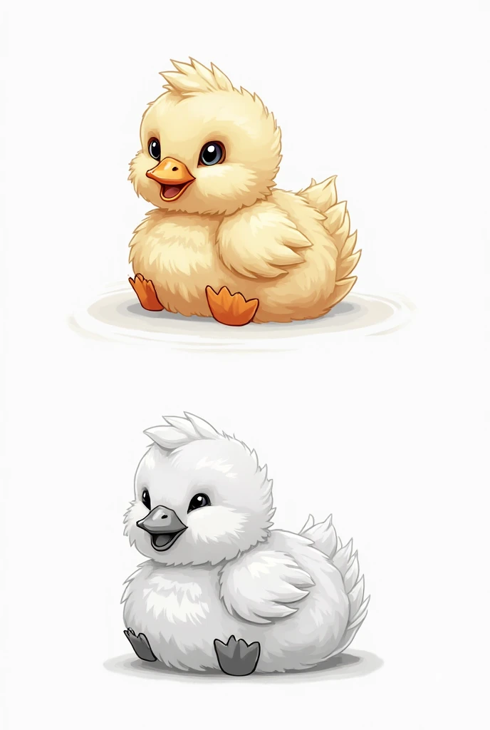 Generate an image with a colored illustration of ' fluffy baby goose with soft, rounded feathers and a friendly face.' on the left side, and the same
illustration in a black-and-white outline on the right
side. Include additional details like expressive ey...