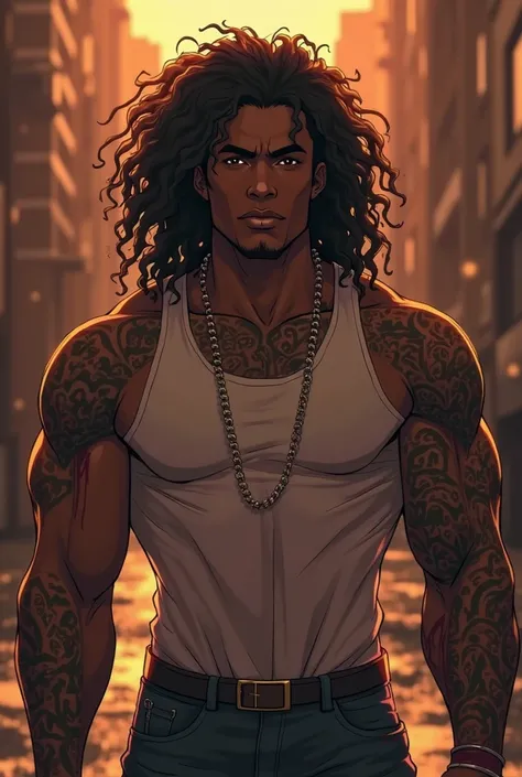 (Masterpiece, perfect face, Pinterest style, warm orange light, painted efeect, realistic anime) (Half body, frontal view, dark city Halley) A thought man, black man,with a tonified muscularity, broad shoulders, giant pectorals, frown, sharp jaw, strong ja...