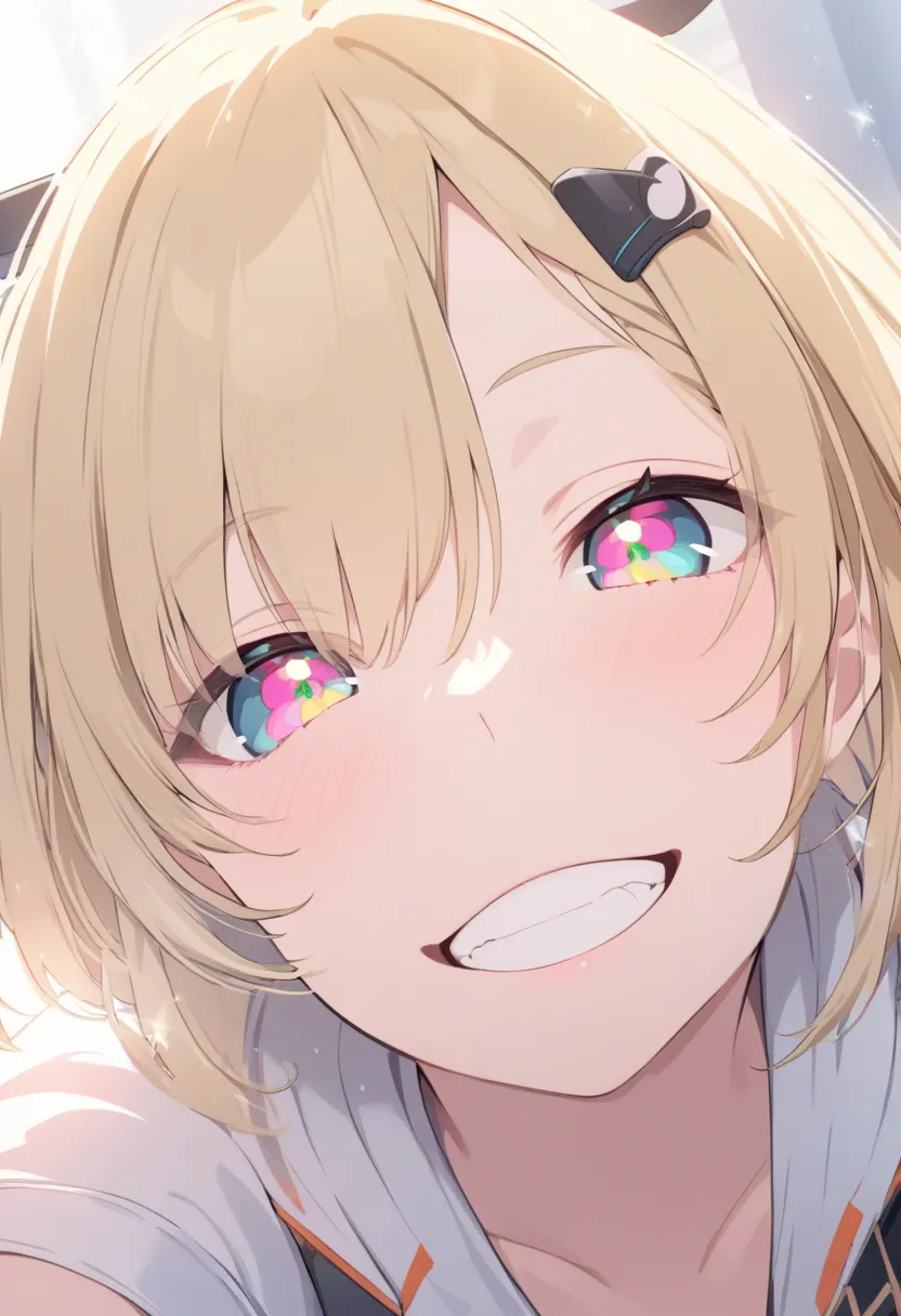 UHD, anime, sparkle, first-person view, light smile, grin, tongue out, multicolored eyes, hairpin, blonde hair, light smile, tongue out