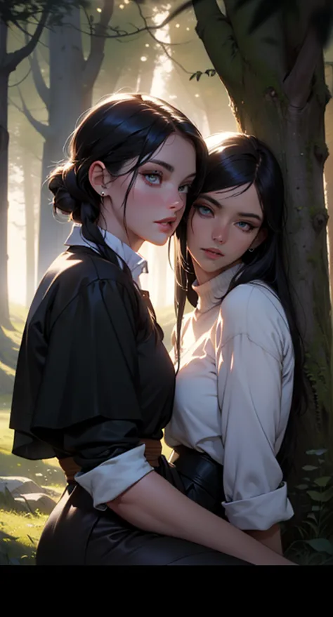 1 man close to a woman,  long black hair , Forest Background (Medieval atmosphere), ( realistic), (Raw work), ( sitting on the grass) long black haired woman !