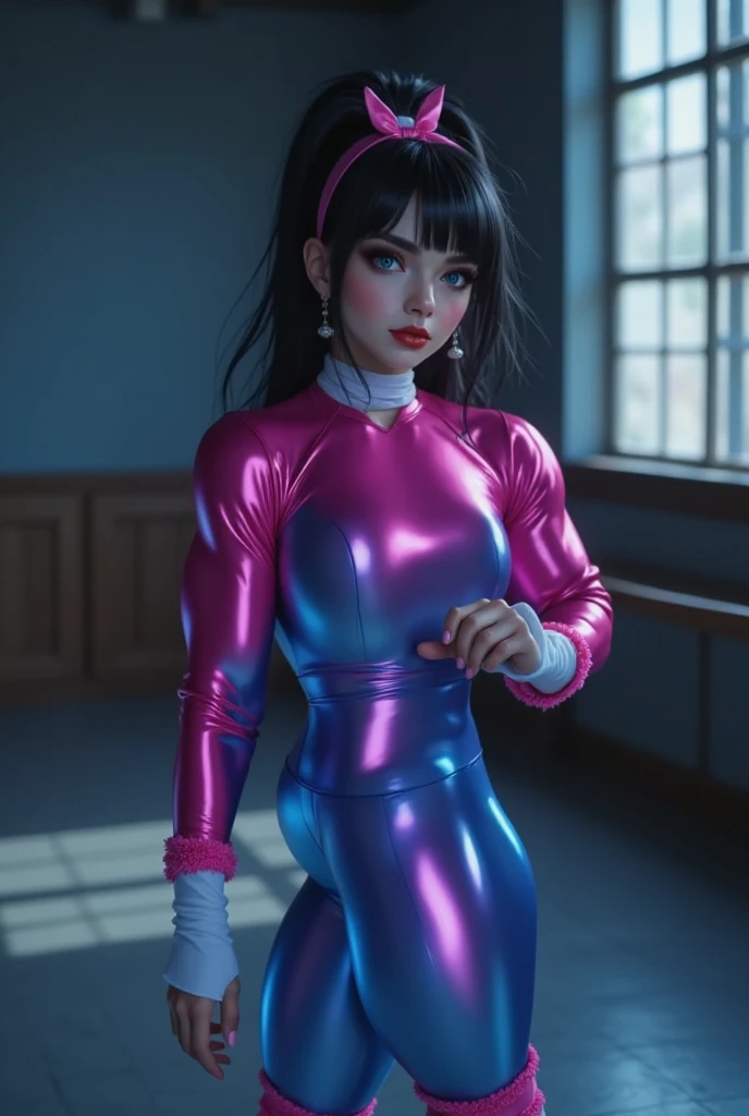 a photorealistic full body shot of beautiful woman with black hair, alabaster skin and blue eyes wearing shiny neon pink long-sleeved leotard and shiny neon blue metallic leggings.  the woman has huge muscles that stretch her clothes to their limits.  her ...