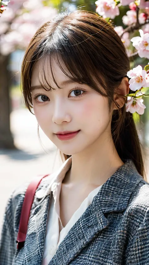 A high school girl in a stylish Japanese uniform standing under cherry blossoms, plaid skirt, white blouse, gentle breeze, soft pink petals falling, dreamy and elegant atmosphere, ultra-detailed, 8K.  
