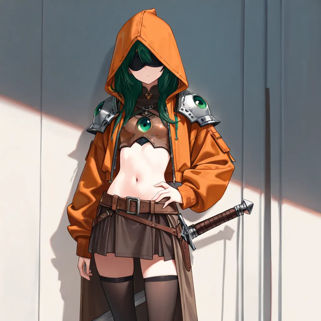 ((1girl,solo.darkgreen-long-hair,,orange-hooded-jacket,,petite Stature)),
(no eyes:1.3 ,blindfold:1.5),Two green artificial eyes fell to the ground. I searched around for the missing ones, scabbard carried on hip, navel, shoulder armor, brown corset, , thi...