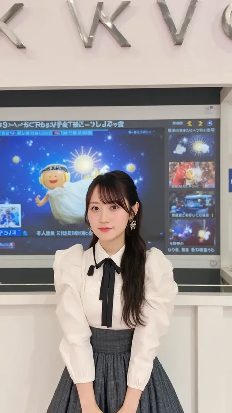 {"prompt": "A weather forecast segment scene with a cute female weather forecaster standing in front of a weather map. She is wearing a white blouse and a skirt. The weather map behind her shows weather symbols like clouds, sun, and rain to indicate tomorr...