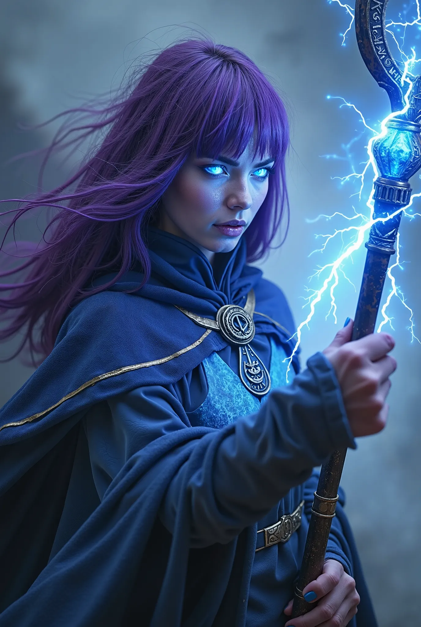 Full body picture of a powerful Stormcaller Mystic floting in air in an intense close-up, her intence froun face illuminated by a crackling arc of lightning dancing across a fingertip. Her glowing, stormy-blue eye radiates raw magical energy, and his expre...