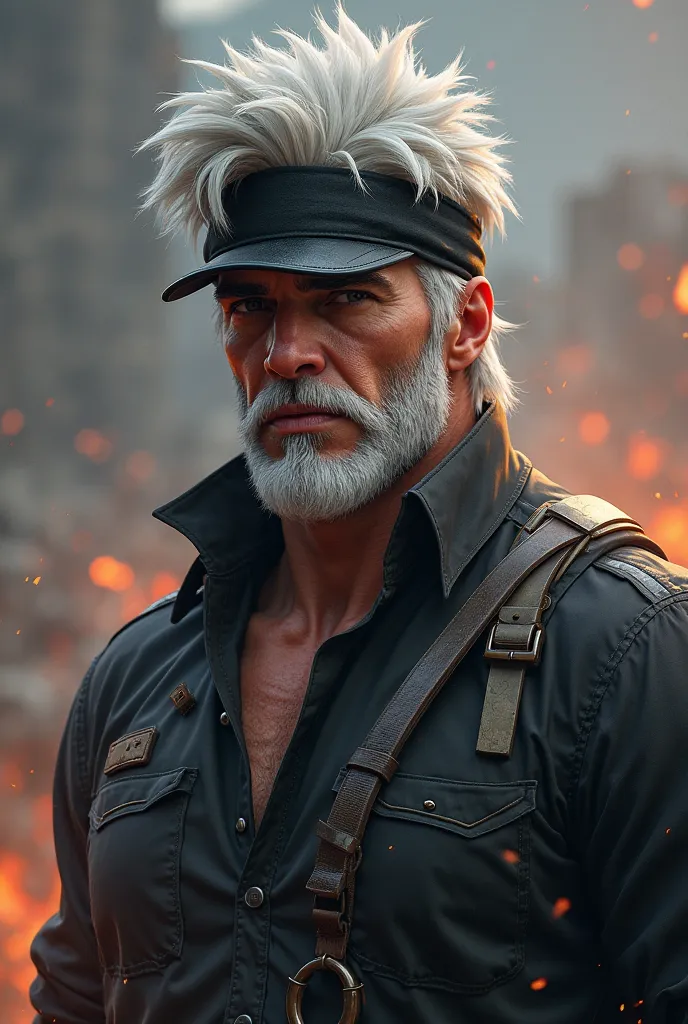 Free Fire male character with black cap white hair black cowboy headband and black long sleeve shirt"