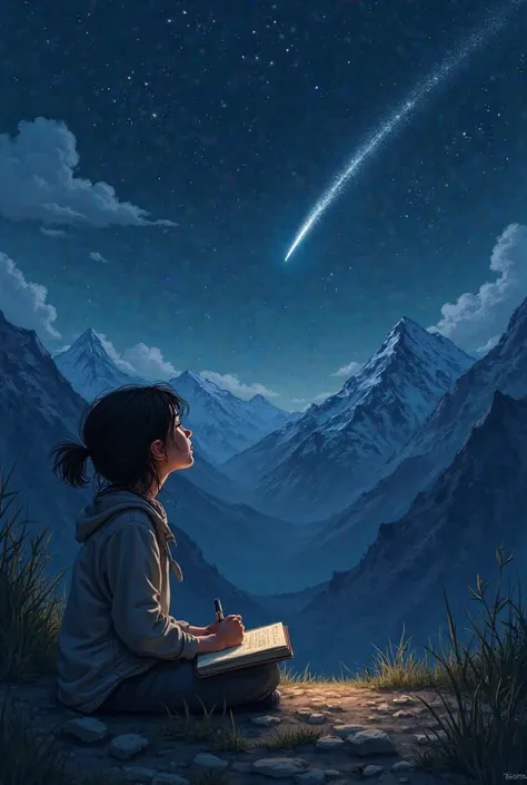 sky, shooting star, night, mountain, tired girl, journaling,