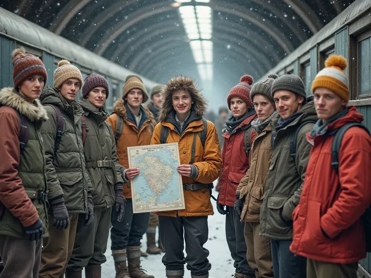 "A group of nine young Russian hikers dressed in 1950s winter gear, standing together and smiling before their journey. The leader, Igor Dyatlov, holds a map confidently. They are in a snowy train station, surrounded by luggage and ski equipment. The atmos...