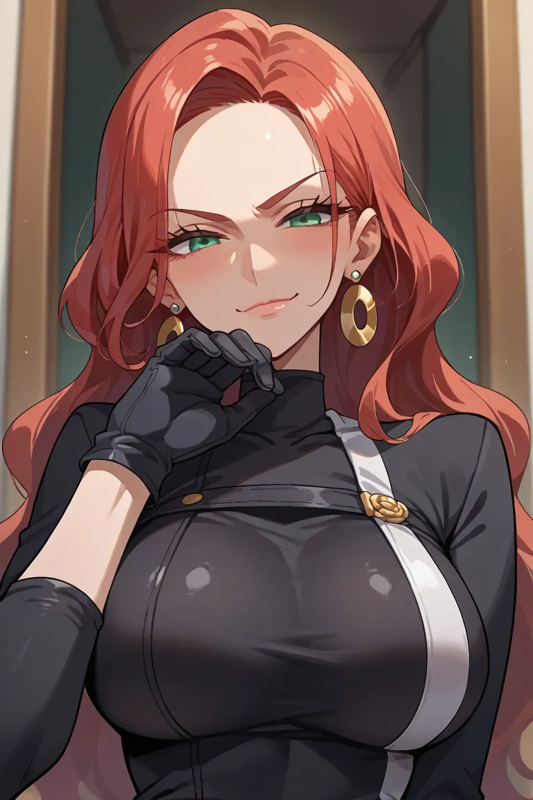  score_9,  score_8_up,  score_7_up,  score_6_up,  source_anime, BREAK 1girl, Solopovacara watching you ,  eyelashes, earrings, Black gloves,(((40 years old))),(( aunt)), black bodysuit,teasing,bullying,naughty face,closed mouth