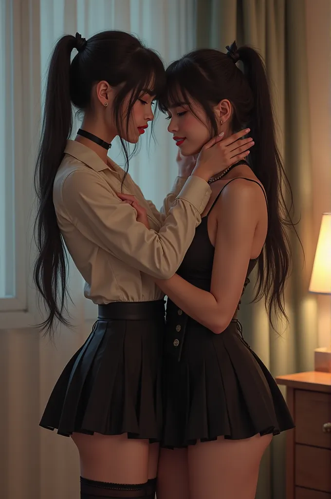  An innocent-looking woman dressed in a sexy teacher outfit ,  She long , an innocent-looking woman with straight black hair gathered in a ponytail,  wide hips , and shapely legs.  Her face is tender and expressive ,  caresses another innocent-looking woma...