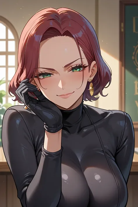  score_9,  score_8_up,  score_7_up,  score_6_up,  source_anime, BREAK 1girl, Solopovacara watching you ,  eyelashes, earrings, Black gloves,(((40 years old))),(( aunt)), black bodysuit,teasing,bullying,naughty face,closed mouth