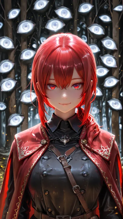 masterpiece, best quality, detailed eyes, semi realistic, 8k, girl, pure, emotionless, red low ponytail hair, red eye, foggy forest, black medieval luxury uniform with red accessories, red fluffy cape, looking down at viewer, shiny particles, side pose, sm...