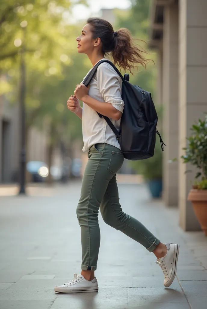 Create a realistic 4K quality image of a girl walking in a side view. The college girl should exhibit a look of excitement, wearing a casual outfit consisting of a shirt and pants.She should have a college backpack slung over her shoulder, and her pose sho...