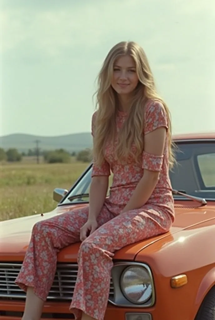 arafed woman sitting on the hood of a car in a field, photo from the 70s, photo from the 70s, young beautiful amouranth, 1970s hippie and boho fashion