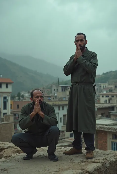 Two Palestinian men on the rooftop of a typical Palestinian building, The pose of two hands near the mouth as if shouting something, One man squats and another man stands, Background of typical hills and typical Palestinian houses, The atmosphere is dark, ...