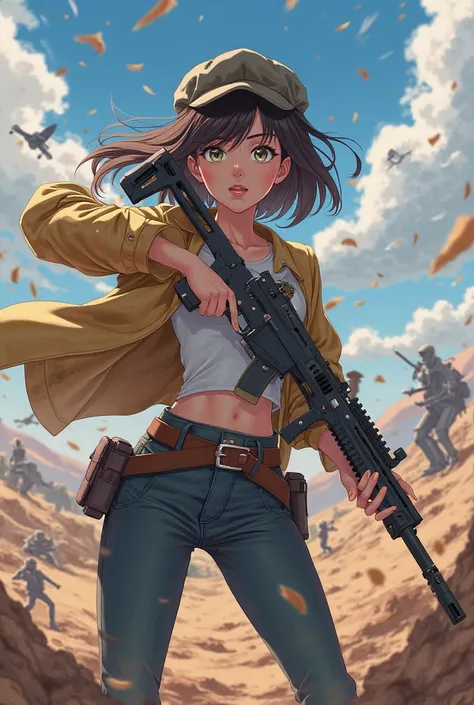 adult，woman，1 person，medium hair， anime style，battlefield，gun，Random Shooting， clear，smile， cute