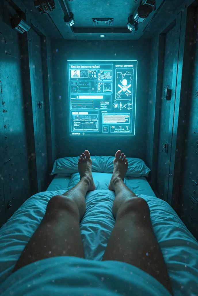 "hyper-realistic first-person view of an individual waking up in a futuristic and dystopian room. The character's arms and legs are visible, extended forward as he sits on the bed. An advanced digital watch shines on the wrist. in front, A holographic scre...