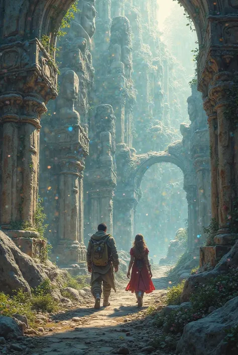 The Journey Through Eldoria’s Ruins – A grand adventure scene of Eira and Rhaegar walking through the ruins of an ancient kingdom, surrounded by broken statues and floating magical orbs.